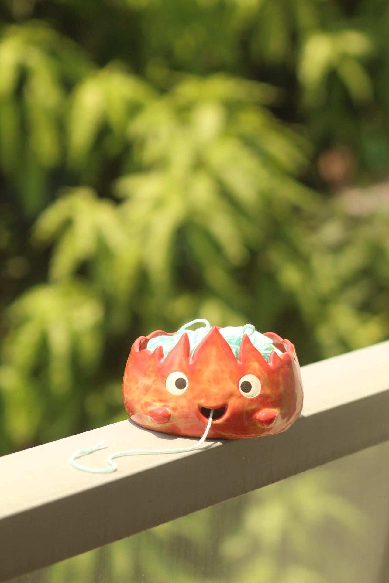 Cute Handmade Fire Demon Ceramic Yarn Bowl
