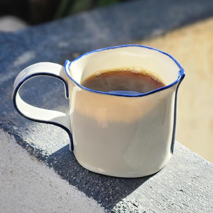 White Porcelain Mug with Handmade Blue Detailing