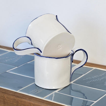 White Porcelain Mug with Handmade Blue Detailing